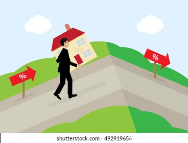 A vector illustration of a man carrying a house up a hill, following the percentage signs. A metaphor on variable mortgage rates.
