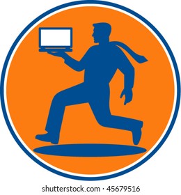 vector illustration of a man carrying laptop computer running viewed from the side set inside a circle