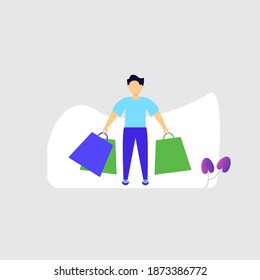 Vector illustration,  man of carrying lots of grocery bags, women finished shopping, happy shopping, modern flat people character