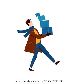 Vector illustration of man carrying presents or boxes.