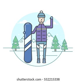 Vector illustration of the man carrying  a snowboard by his hand and waving with another hand on snowy mountains and fir trees background. Winter sport topic.