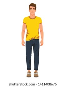 Vector illustration of man in casual clothes under the white background. Cartoon realistic people illustartion. Flat young man. Front view man.