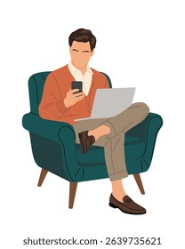 Vector illustration of man in casual clothes sitting in an armchair, working on laptop and using smartphone, relaxed and focused, isolated on white background