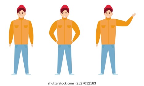 Ilustração vetorial de um homem em roupas casuais com uma jaqueta e gorro em múltiplas poses, adequado para moda, estilo de vida e design de personagens