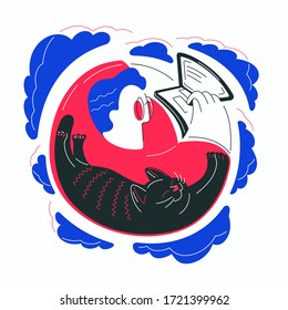 Vector illustration of a man with a cat with a laptop