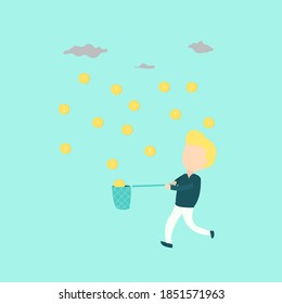 Vector illustration of a man catching coins with a net