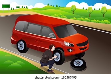 A vector illustration of man changing flat tire on the side of the road