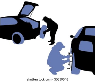 Vector illustration. Man changing a vehicle punctured wheel tire.