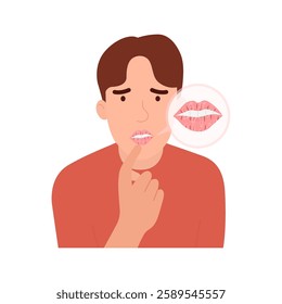 Vector illustration of a man with chapped lips, lack of moisture, dry lips.