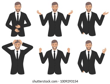 vector illustration of a man character expressions with hands gesture, cartoon businessman wit different emotion 