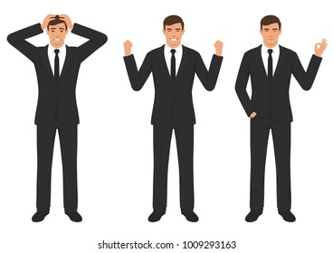 vector illustration of a man character expressions with hands gesture, cartoon businessman wit different emotion 