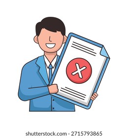 Ilustración vectorial de un carácter man junto a un documento de solicitud de empleo con un sello rojo rechazado. Este diseño simboliza el desempleo, las entrevistas fallidas, los reveses profesionales y los desafíos de la búsqueda de empleo. Adecuado para artículos de RR. HH., blogs de asesoramiento profesional y estadísticas de desempleo. Aislado sobre fondo blanco.