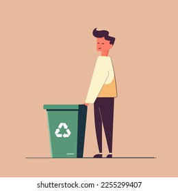 vector illustration of a man character with a recycle bin, minimalist flat design