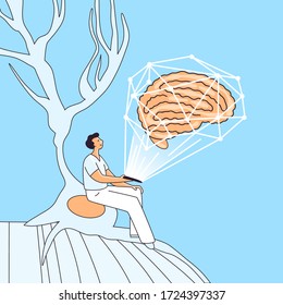 Ilustración vectorial del personaje humano, sentado en una sinapsis y realizando investigaciones cerebrales y actividades cerebrales de estudio, salud, tratamiento de la enfermedad cerebral en una tableta moderna con interfaz interactiva