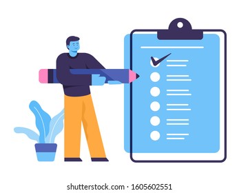 Vector illustration man and check list, to do concept 