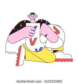 Vector illustration of a man with a check list in a trendy line flat style isolated on a white backgound. Efficient and effective work and daily tasks planning, scheduling and time management concept.