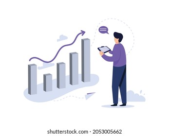 Vector illustration man checking market growth with block chart diagram background.