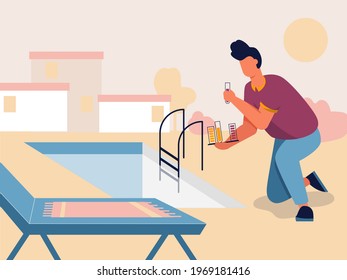 Vector illustration of man cheking and balancing pH Levels of swimming pool water with test stripes.