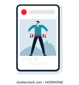 Vector illustration with man and chest expander training. Sports mobile application. Fitness app. Workout for wellness, activity. Healthy lifestyle. Design for app, websites, print, presentation.