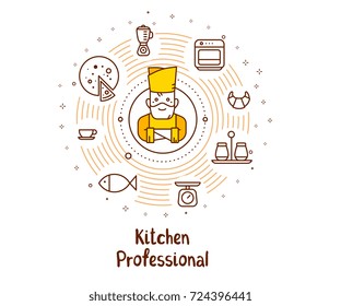 Vector illustration of a man chief cook in a chef hat with food icons and inscription. Creative cooking concept on white background. Thin line art design with a cook for web, banner, menu, poster