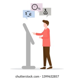 Vector illustration with man chooses bank transaction at the terminal: loan payment, bank deposit, currency exchange. Financial services. Use of banking technology.