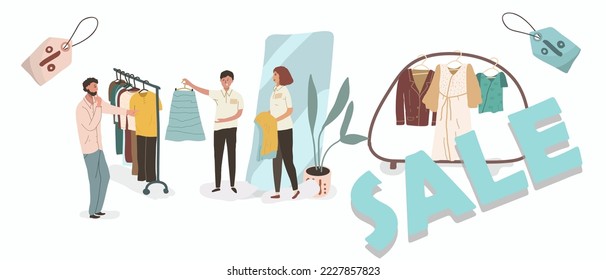 Ilustración vectorial de un hombre elige ropa, caricaturas de personajes compradores. Asesores de ventas amigables ayudan. Percha, escaparate, mercadería. Consumerismo, venta de ropa.