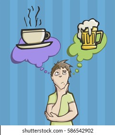 Vector illustration of a man choosing between drinking coffee or Beer