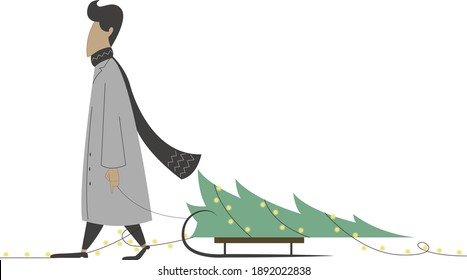 Vector illustration. A man with a Christmas tree