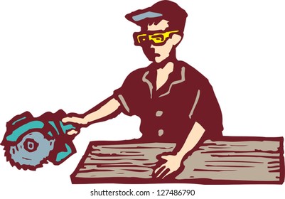Vector illustration of man with circular saw cutting board