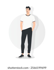 Vector illustration. A man in a classic white t-shirt and black pants. Simplicity and versatility create a basic image.