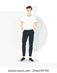 Vector illustration. A man in a classic white t-shirt and black pants. Simplicity and versatility create a basic image.