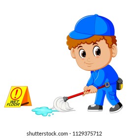 vector illustration of Man Cleaning The Floor With Yellow Wet Floor Sign