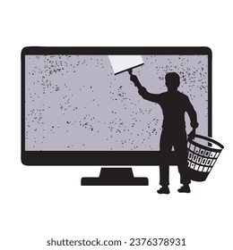 Vector illustration Man Cleaning Virtual Desktop