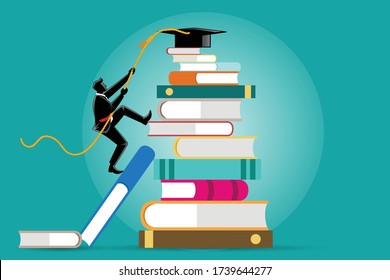 Vector illustration of a man climb pile of book to reach a graduation hat