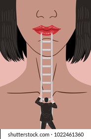 Vector illustration of a man climbing a ladder to the face of a pretty giant woman.