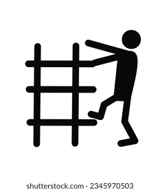 vector illustration of a man climbing with a ladder from the side on a white background