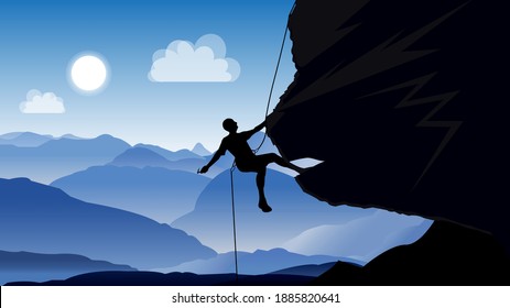 A vector illustration of a man climbing a mountain that resembles a wolf.