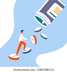 Vector illustration of a man climbing stairs made of pills. Pills spill out of the bottle. Pharmaceutical products illustration for pharmacy banners, medical posters, stands.