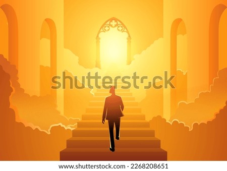 Vector illustration of a man climbing the stairs to heavens gate, heavens gate