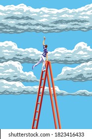 Vector illustration of a man climbing a very high ladder, reaching for a cloud with his hand. In the background is a blue sky full of clouds.