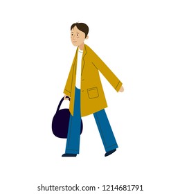Vector illustration. The man in the cloak walks widely. A man holding a bag. Guy's coming.