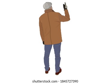 Vector illustration. A man in a coat with a cap and a bandage on his face turned his back with an outstretched hand.