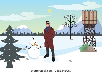 Vector illustration of a man in a coat and sunglasses with a snowman on a background of mountains.