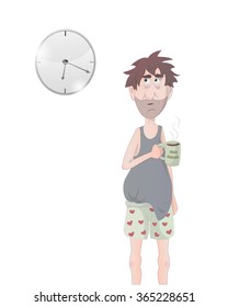 Vector illustration of man with coffee cup in hand. Morning.Sleepy. He looks at the clock on the wall with tired red eyes. On a white background