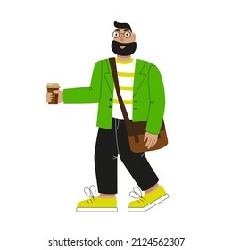 Vector illustration of man with coffee going at the work