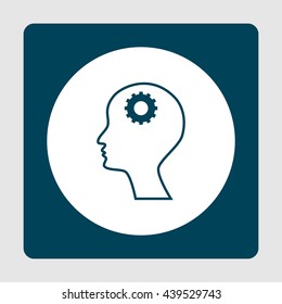 Vector illustration of man cog sign icon on blue background.