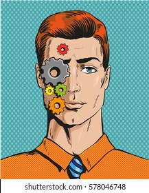 Vector illustration of man with cogwheels on right part of his face in retro pop art comic style. Calm, unemotional face.