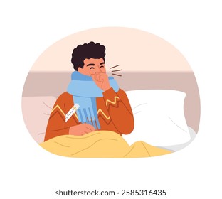 Vector illustration of a man with a cold. Cartoon scene of a sick man lying in bed with pillows, under a blanket, wrapped in a scarf, taking his temperature, sneezing isolated on a white background.