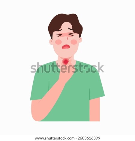 Vector illustration of a man with a cold, sore throat. Tonsillitis, bacterial viral infection. Flat design.