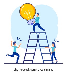 Vector illustration, a man and colleague looking up the stairs, reaching a goal, the path to success is motivation, career advancement, looking for ideas.
